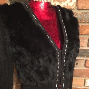 Vtg 80s BLACK CROPPED KNIT CARDIGAN SWEATER, RABBIT FUR, RHINESTONE M
